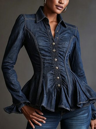 Denim Casual Peplum Lotus Leaf Collar Bell Sleeve Shirt - Image 2