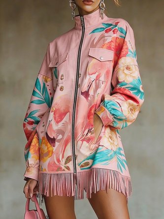 Elegant Plain Printing Stand Collar Mini Dress