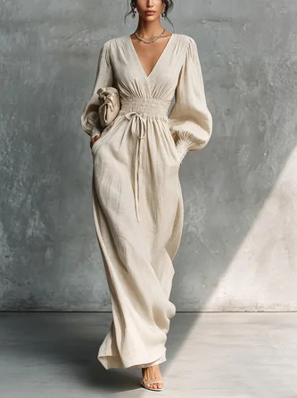 Cotton Linen Elegant Plain Scramble V Neck Maxi Dress