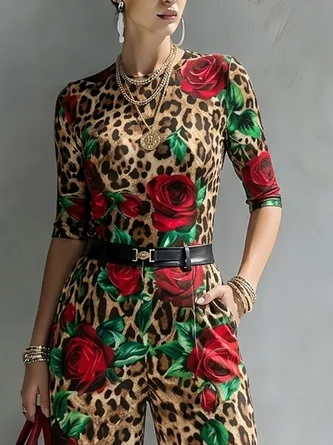 Elegant Leopard Floral Printing Crew Neck T shirt