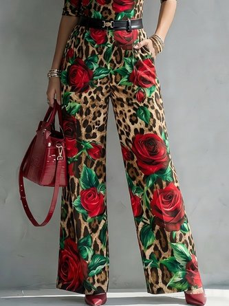 Elegant Leopard Floral Printing Wide Leg Pants