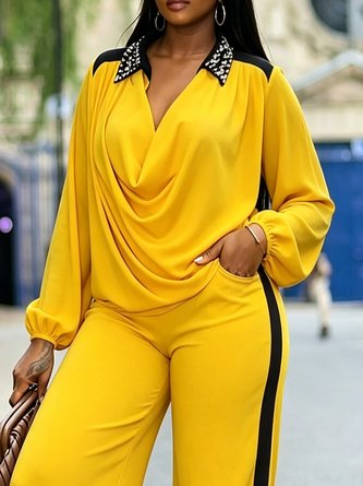 Elegant Block Split Joint Cowl Neck Blouse