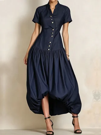 Urban Plain Stand Collar Soft Tencel Denim Maxi Dress
