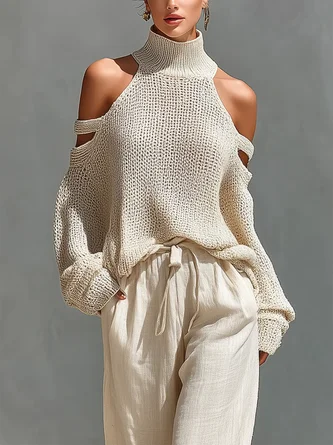 Casual Plain Hollow Out Turtleneck Sweater