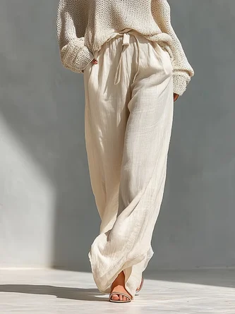 Cotton Linen Casual Plain Distressing Straight Pants
