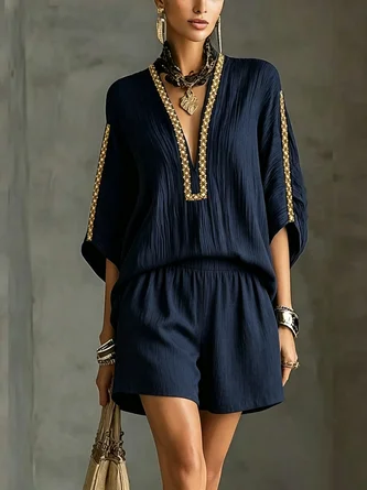 Vacation Plain Webbing V Neck Blouse