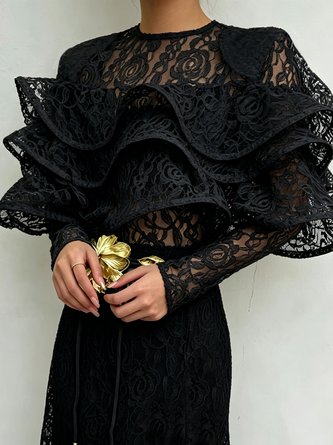Lace Elegant Plain Folds Crew Neck Blouse