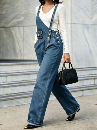 Urban Solid Denim Bib Pants Side Pockets Button Long Overalls Daily - Image 2
