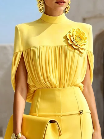 Plus Elegant Plain Ruched Stand Collar Blouse
