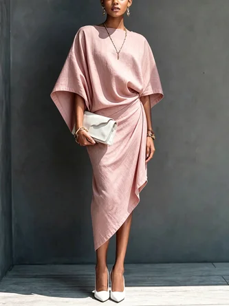 Cotton Linen Casual Plain Asymmetric Boat Neck Midi Dress