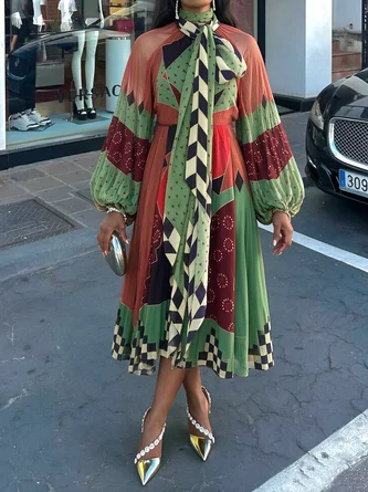 Elegant Geometric Balloon Sleeve Printing Tie Neck Maxi Dress