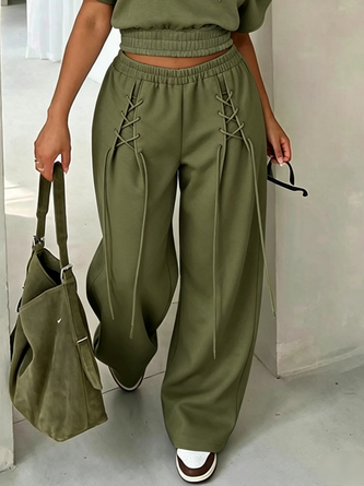 Casual Plain Lace up Straight Pants