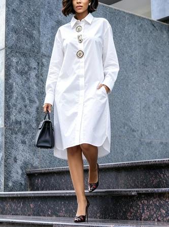 Cotton Urban Plain Button Detail Shirt Collar Knee Length Dress