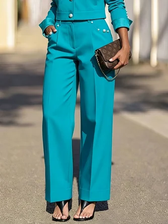 Urban Plain Faux Pearl Straight Pants
