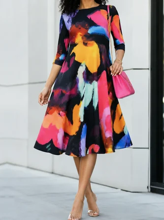 Urban Random Print Crew Neck Midi Dress