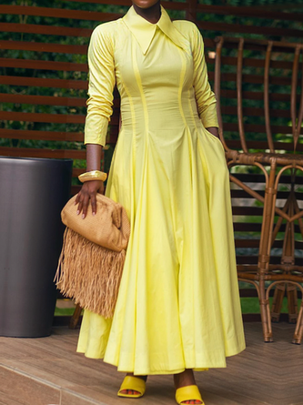 Elegant Plain Shirt Collar Three Quarter Sleeve Maxi Dress