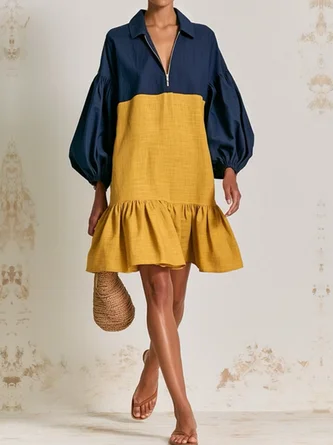 Casual Block Shirt Collar Cotton Linen Mini Dress