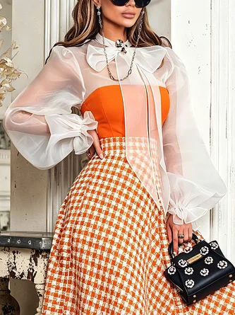Elegant Block Bow Tie Neck Blouse Includes Strapless Top