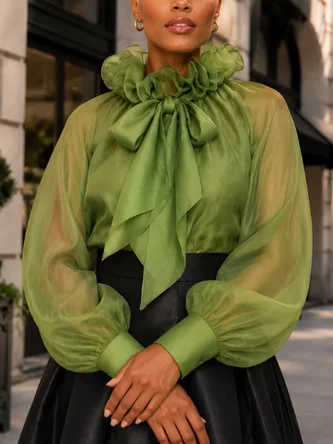 Elegant Plain Peplum Tie Neck Balloon Sleeve Blouse