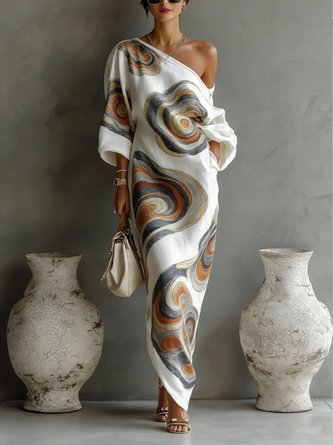 Casual Random Print Printing Cold Shoulder Maxi Dress Belt