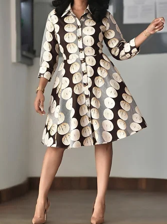 Elegant Polka Dots Shirt Collar Knee Length Dress
