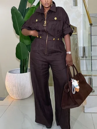 Cotton Linen Casual Buttoned Plain Shawl Collar Shirt Jumpsuit