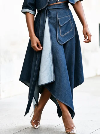 Urban Irregular Craftsmanship Plain Maxi Denim Skirt
