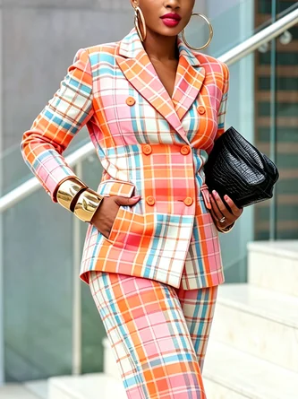 Elegant Printing Plaid Lapel Collar Blazer