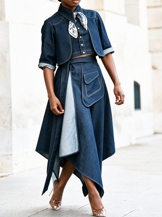 Urban Irregular Craftsmanship Plain Maxi Denim Skirt - Image 3