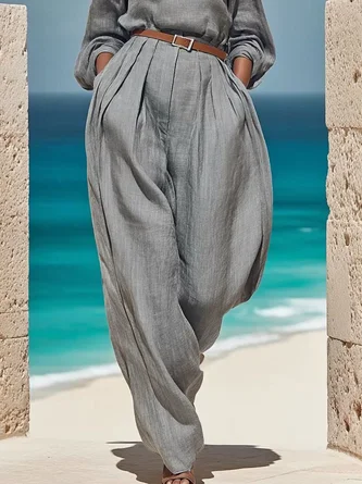 Cotton Linen Loosen Casual Plain Wide Leg Pants