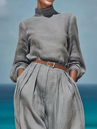 Cotton Linen Casual Plain Stand Collar Blouse