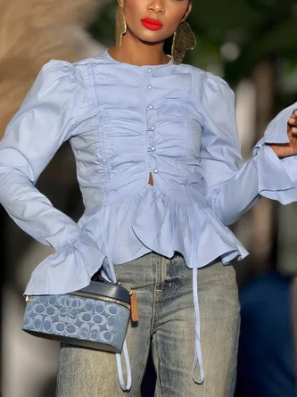 Urban Plain Ruched Crew Neck Bell Sleeve Shirt