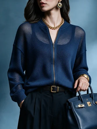 Casual Plain Zipper Crew Neck Cardigan