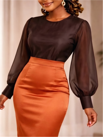Elegant Plain Split Joint Crew Neck Blouse