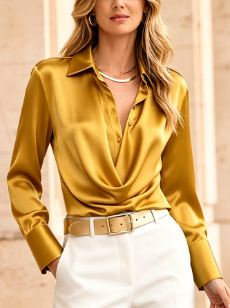 Satin Elegant Plain Ruched Shirt Collar Shirt