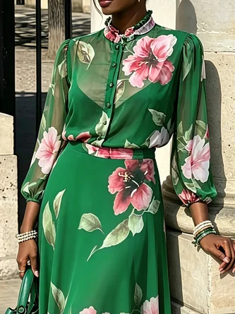 Elegant Floral Printing Lotus Leaf Collar Shirt