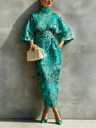 Elegant Snakeskin Printing Mock Neck Maxi Dress