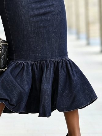 Urban Ruched Plain Midi Denim Skirt - Image 3