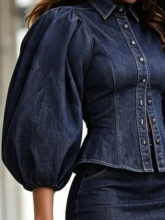 Urban Plain Buttoned Shirt Collar Balloon Sleeve Denim Shirt - Image 3