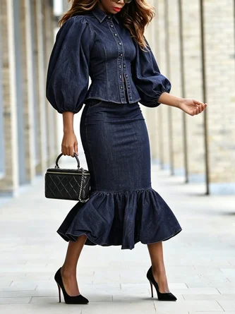 Urban Ruched Plain Midi Denim Skirt - Image 2