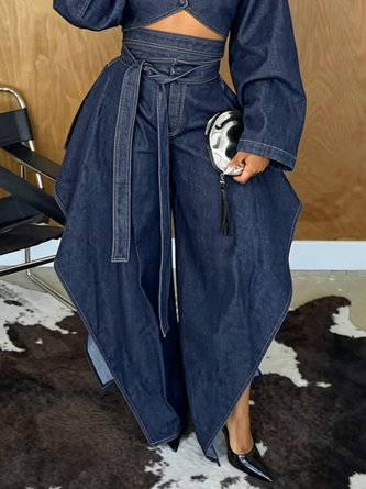 Irregular Craftsmanship Casual Denim Plain Jeans With Belt