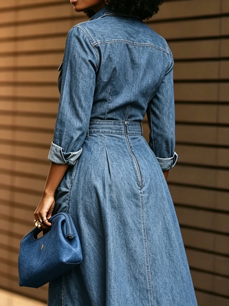Urban Shirt Collar Long Sleeve Denim Shirt - Image 3