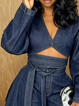 Casual Plain Buttoned V Neck Denim Top - Image 3