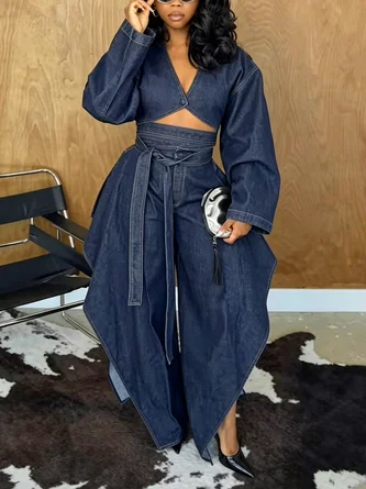 Casual Plain Buttoned V Neck Denim Top - Image 2