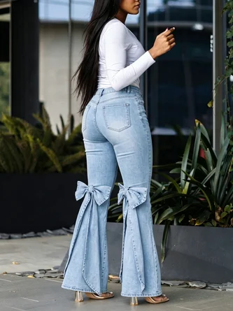 Casual Plain Bow Flare Jeans - Image 7