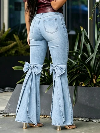 Casual Plain Bow Flare Jeans