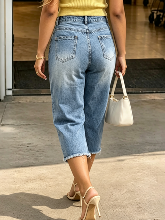 Casual Ripped Solid Slim Fit Capri Jeans - Image 4