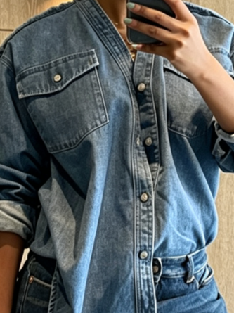 Casual Plain Pockets Shirt Collar Denim Shirt - Image 3
