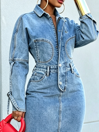 Denim Casual Plain Zipper Shawl Collar Midi Dress - Image 3