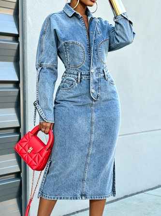 Denim Casual Plain Zipper Shawl Collar Midi Dress - Image 2